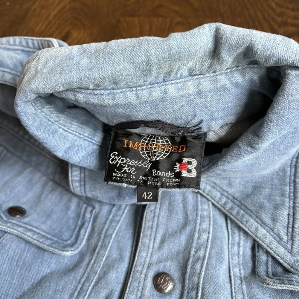 Vtg 70s Denim Safari Jacket Hong Kong Dagger Collar Epaulettes Workwear Coat 42